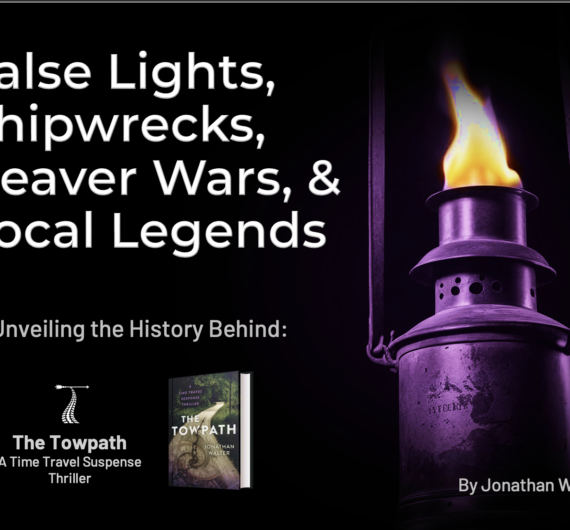 The opening slide of Jonathan Walter's presentation to the Broadview Heights Historical Society & Museum. Text reads, "False Lights, Shipwrecks, Beaver Wars, & Local Legends. Unveiling the history behind 'The Towpath'." The book's cover is shown, along with The Towpath logo and an image of a lantern alight amidst a purple overlay.